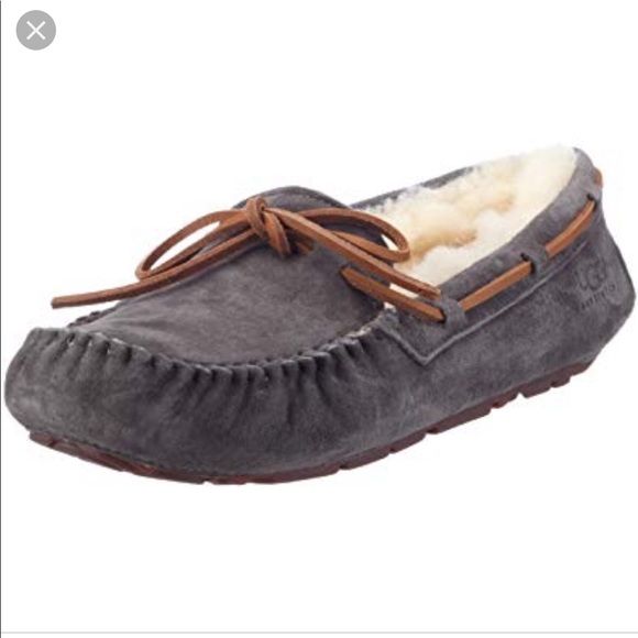 UGG Shoes - UGG Gray Suede Moccasin Slippers with Chestnut Laces and Shearling Lining